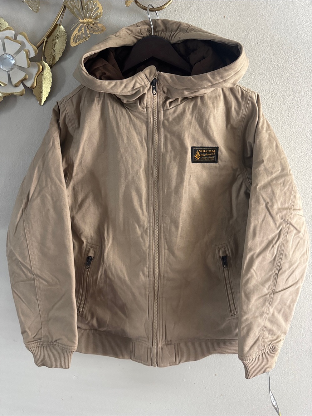 Volcom Khaki Hooded Bomber Jacket with Dark Brown Lining